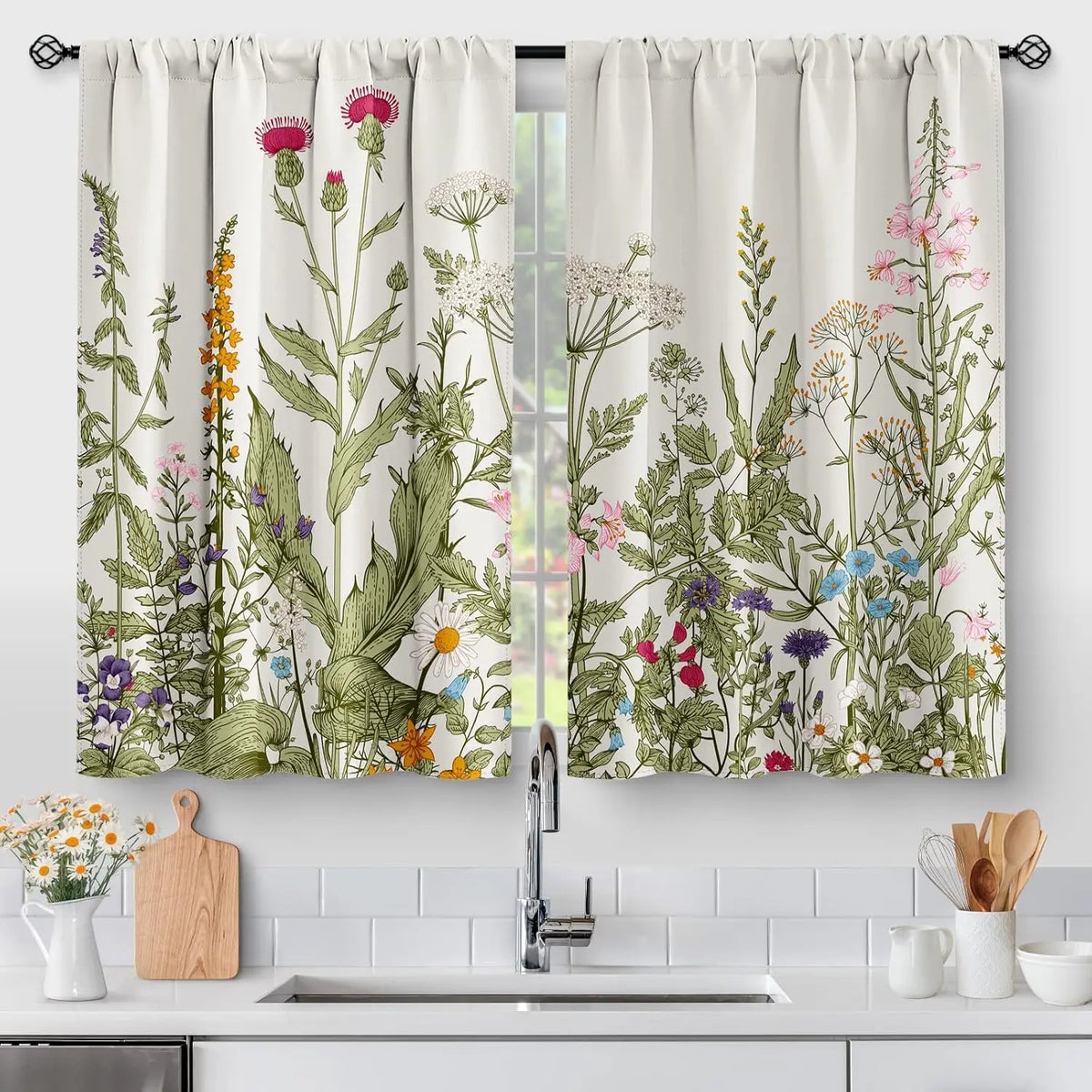 rideaux imprimé marguerites papillons champêtre fleurs sauvages opaque maison hospitalité commerce