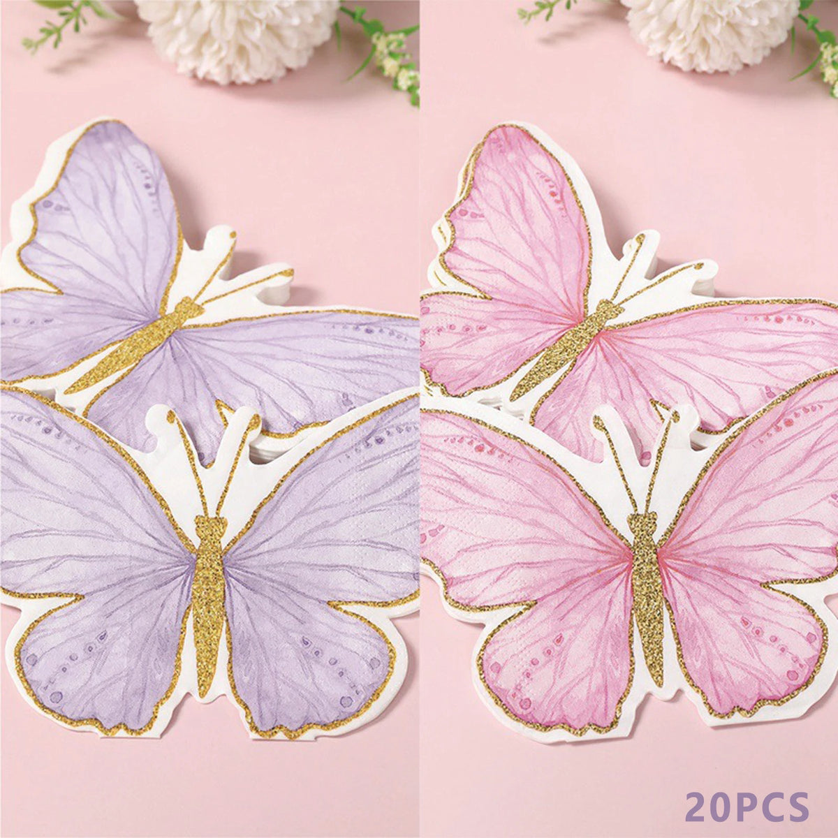 serviettes papier papillon violet rose bleu détails dorés fêtes usage unique pack 20 illustration