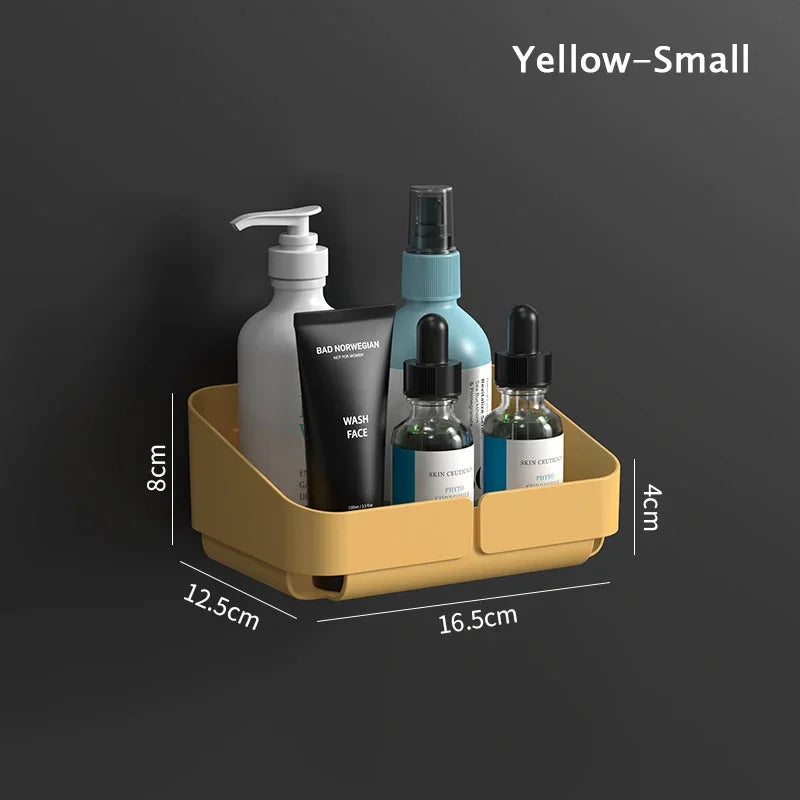 étagère rangement murale adhésive bleu jaune blanc moderne bouteilles flacons pots cosmétiques salle bains