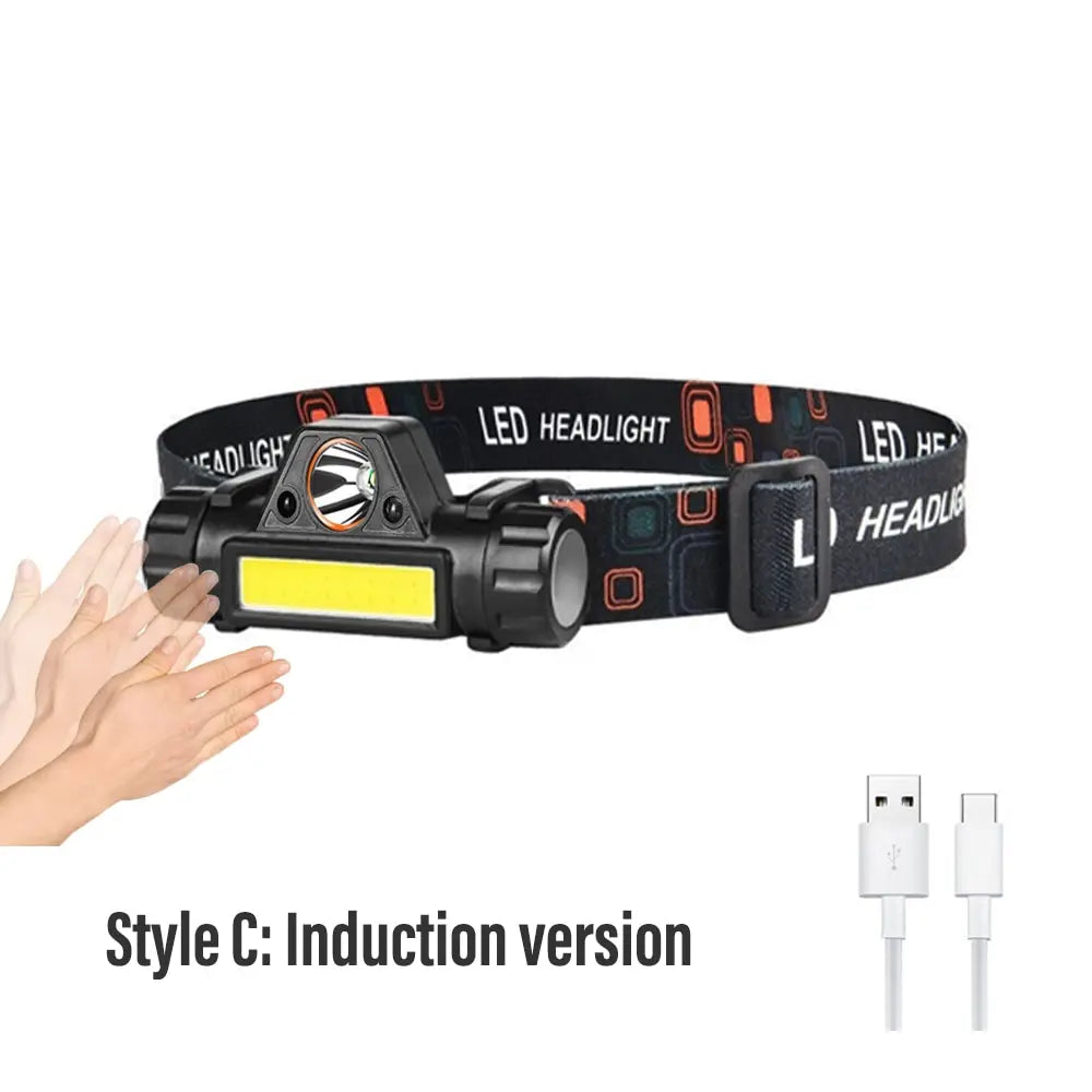 lampe frontale led rechargeable pêche camping avventure modes éclairage bandes élastiques zoom ajustable transparentes