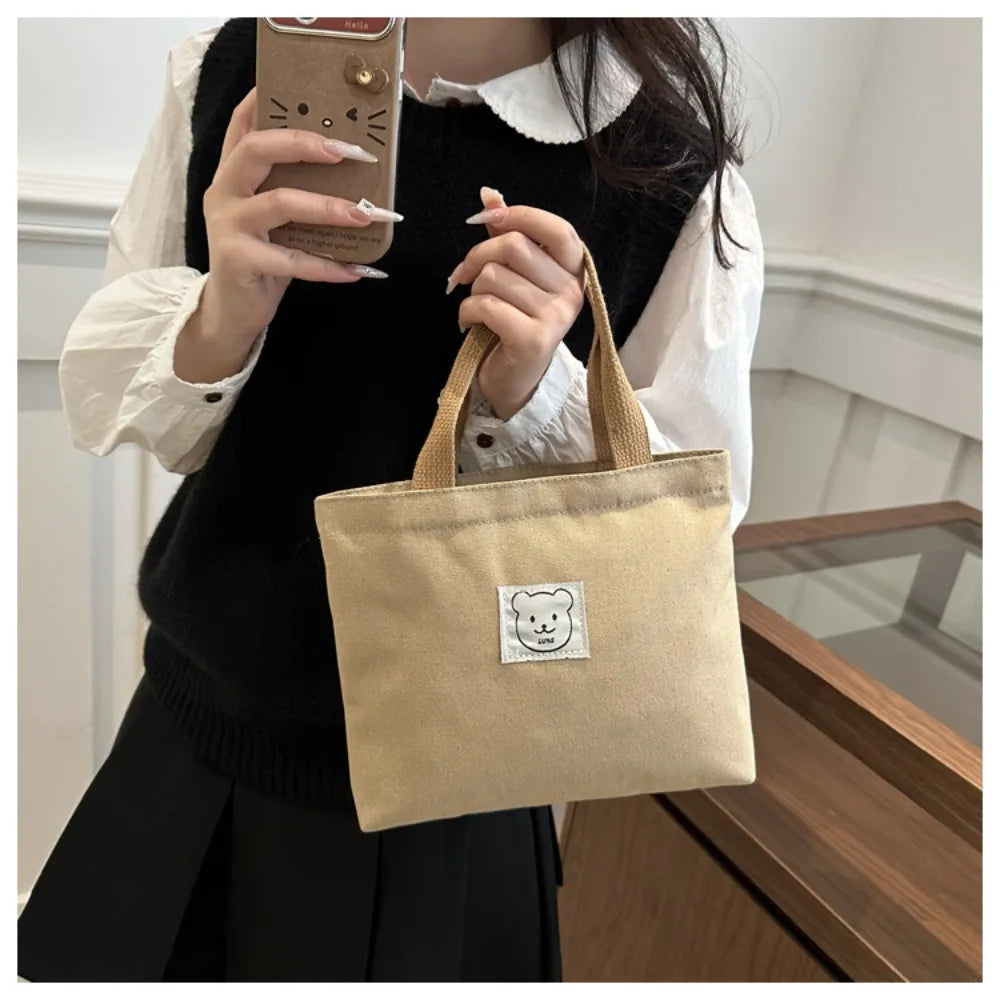 sac main toile ours décontracté unisexe poignées motif ours beige casual resistant polyester