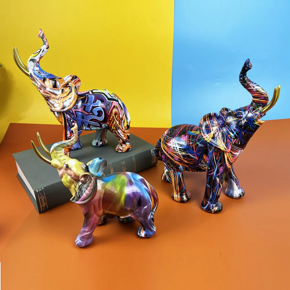 statuette elephant resine multicolore motif graffiti artistique decoration maison moderne objet deco salon