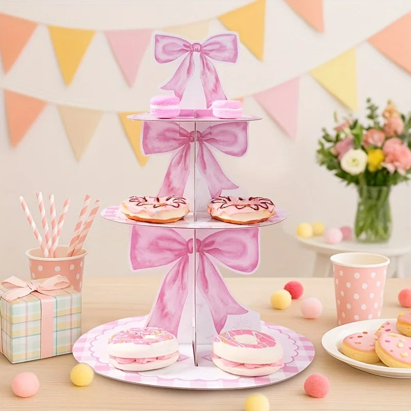 présentoir gâteaux trois niveaux papier rose blanc rubans aquarellés motifs carreaux décoration fête anniversaire