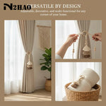 rideau boho chic anneaux bois pompons coton beige clair uni