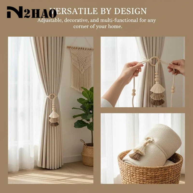rideau boho chic anneaux bois pompons coton beige clair uni