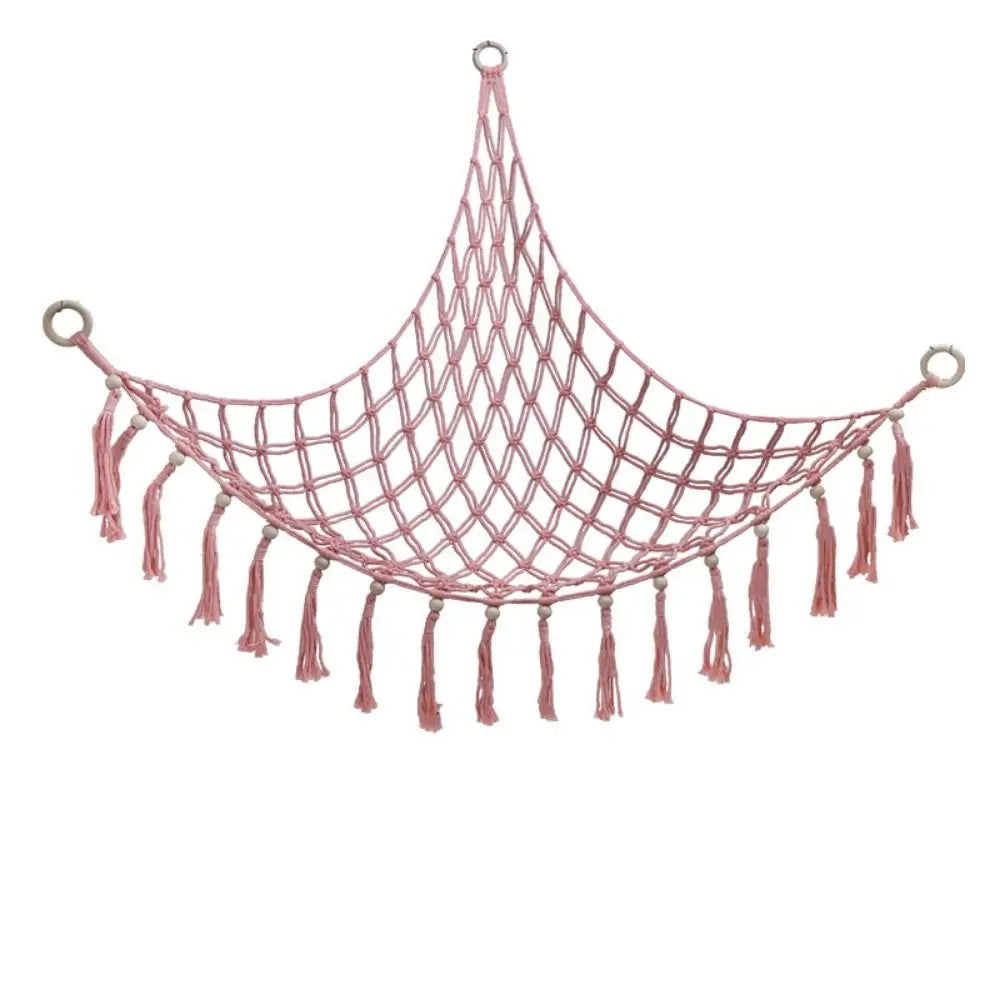 filet suspendu rose blanc maille régulière franges anneaux métalliques réutilisable créatif artisanal