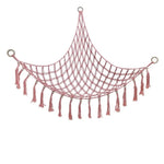 filet suspendu rose blanc maille régulière franges anneaux métalliques réutilisable créatif artisanal