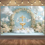 décoration murale mariage calice doré colombes blanches fleurs roses nuages croix festive