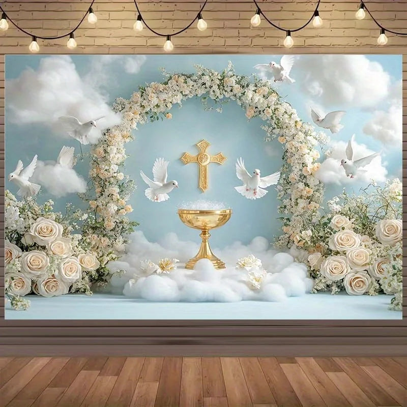 décoration murale mariage calice doré colombes blanches fleurs roses nuages croix festive