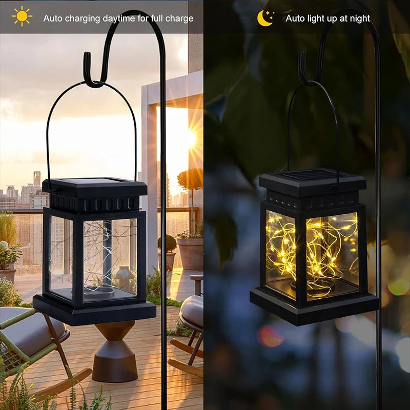 lanternes solaires noires transparentes modernes crochets métalliques extérieur decoration autonomes ip65 led
