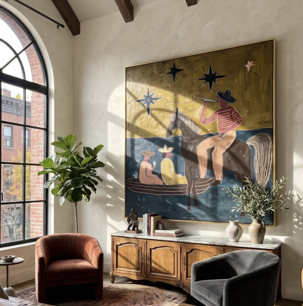 tableau abstrait chevaux étoiles moderne or noir salon chambre coucherDecorationMurale