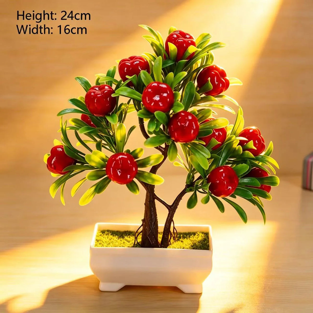 décoration intérieure arbre artificiel bonsaï pot blanc feuilles vertes fruits rouges tronc brun