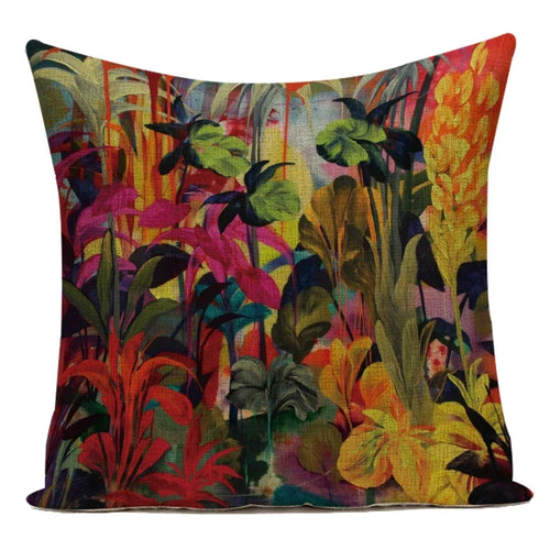 coussin décoratif carré motif jungle tropicale fleurs cactus moderne canapé salon maison multicolore