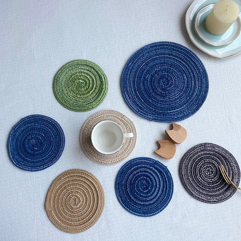 napperon rond lin tissé motif spirale rustique dessous verre anti brûlure table