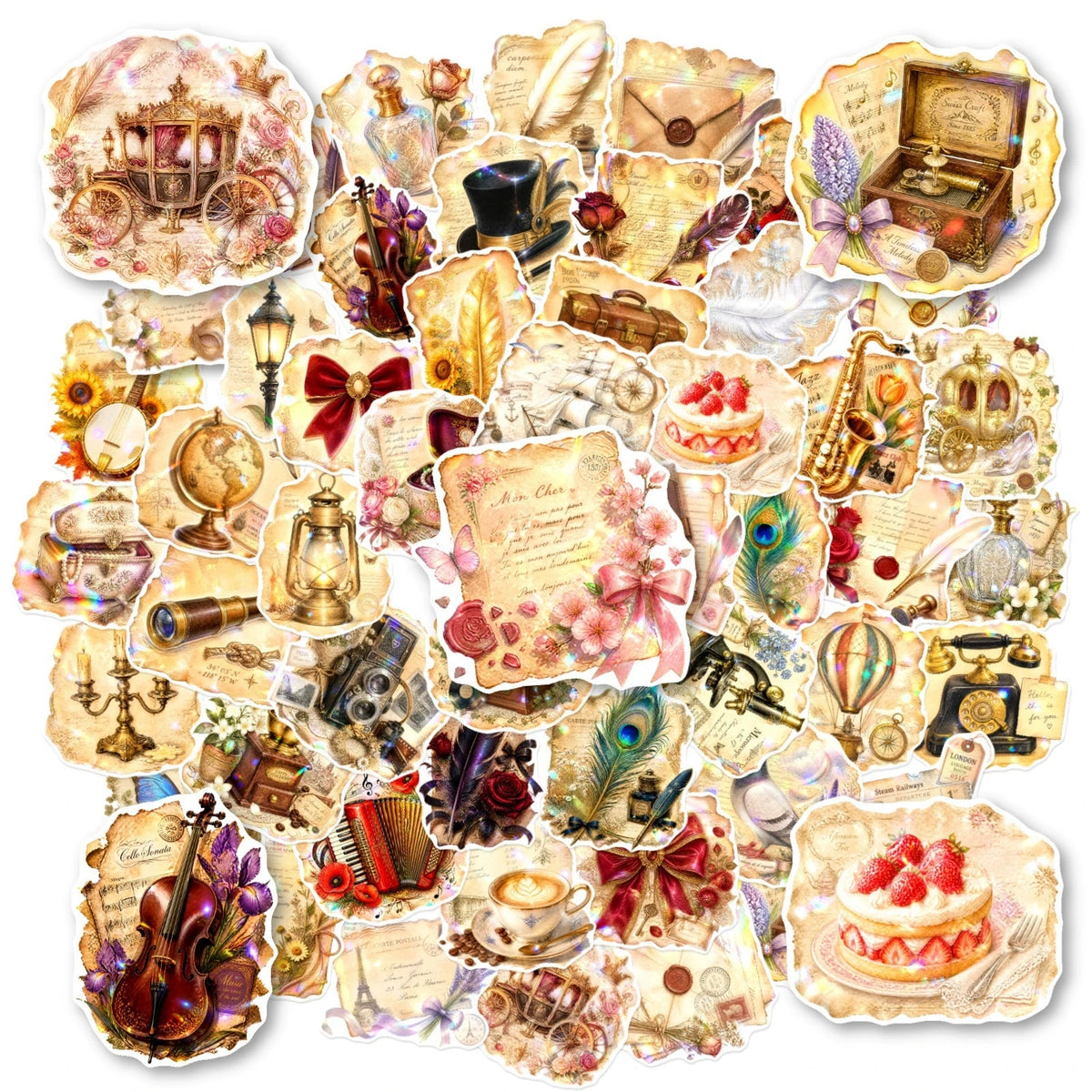 stickers vintage décoratifs motifs anciens lettres instruments musique fleurs irisés adhésifs scrapbooking décoration journaux