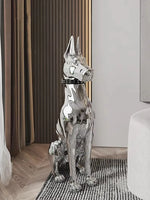 statue moderne chien dobermann bulldog lunettes collier or argent réfléchissant intérieur décoration