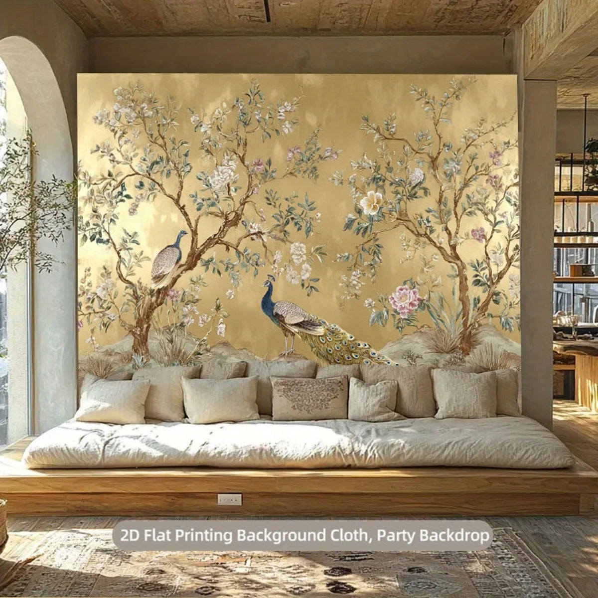 toile fond photo ornementale fleurs oiseaux classique polyester grande dimension événementiel