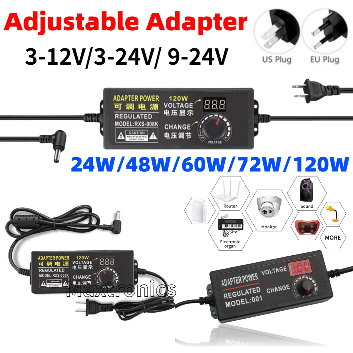 adaptateur électrique réglable tension sortie 3v 12v 24v entrée ac 100v 240v certification rohs