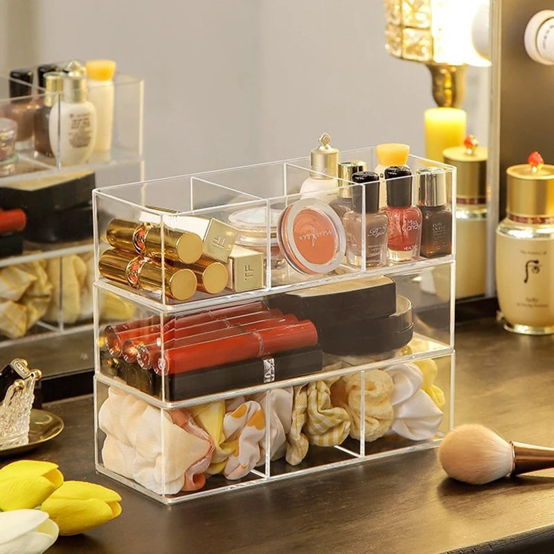 boîtes rangement transparentes maquillage pinceaux produits soins peau moderne minimaliste organisation tiroirs table cosmétiques