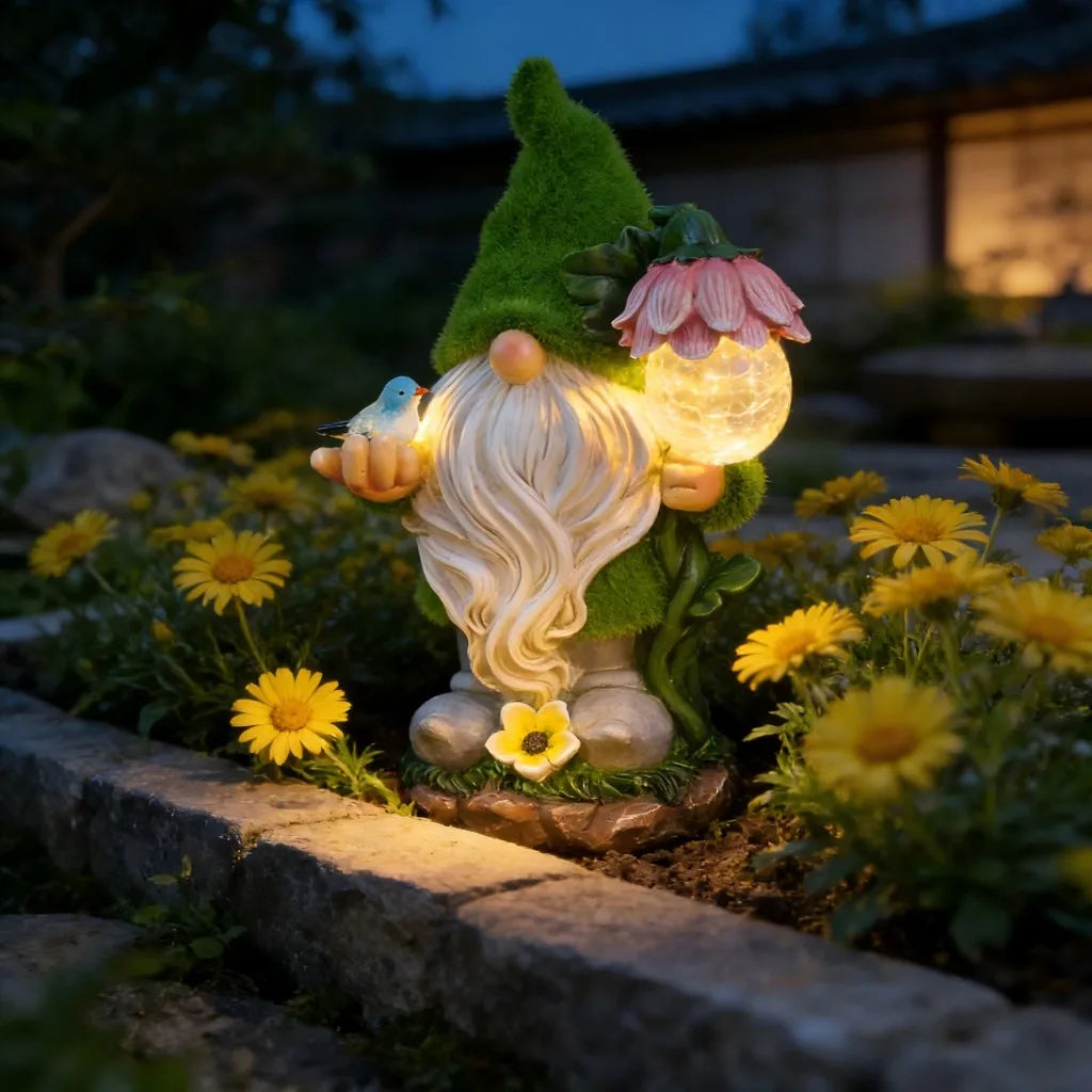 statue gnome solaire decoration jardin lumiere nocturne fleur oiseau transparence féerique rustic