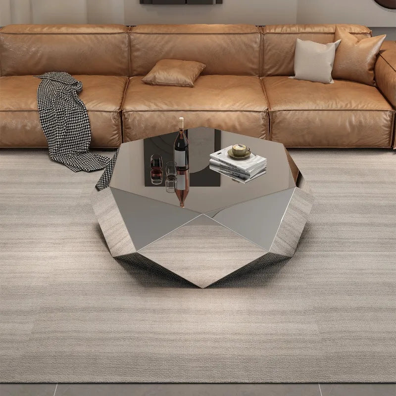 table basse octogonale verre réfléchissant base bois claire moderne salon italien minimaliste