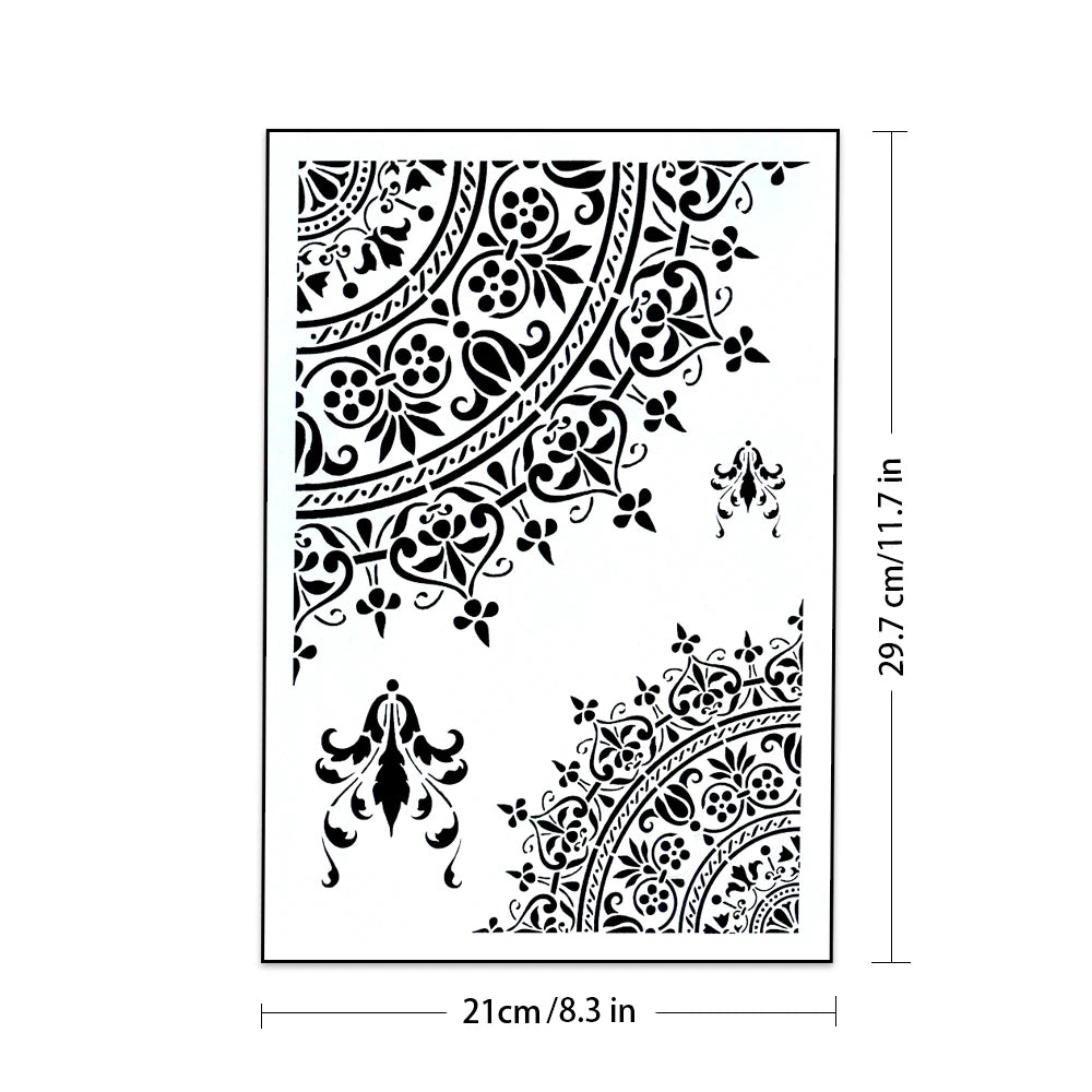 Stencil A4 fleurs plumes or blanc artisanal boho ornemental papier carton