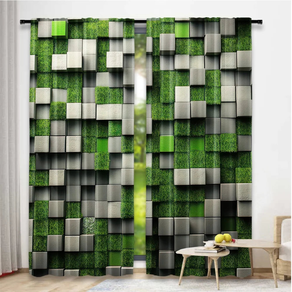 rideau polyester moderne carreaux géométriques vert gris noir opaques 29x65in 41x90in 51x82in