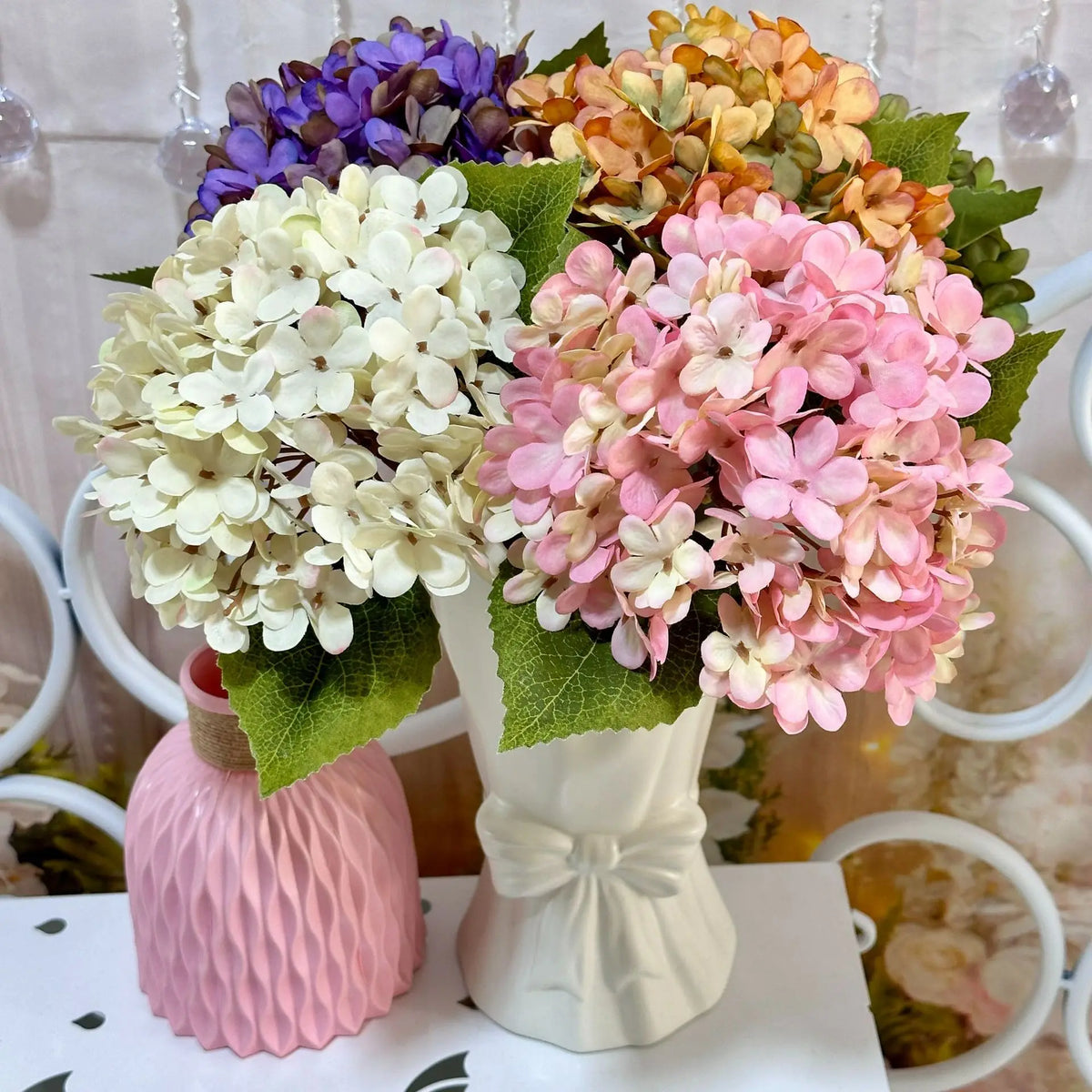 bouquet artificiel hortensias soie bleu blanc rose naturel décoration maison extérieur