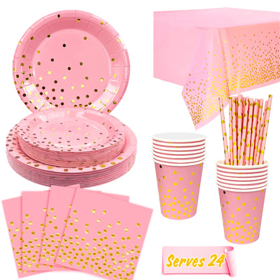 Pack vaisselle anniversaire rose et or 121 pièces