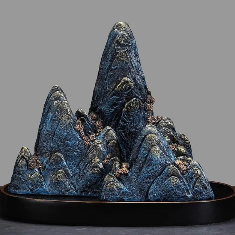ornements résine bleu doré relief rocher artisanal moderne sculpture base noire dorée