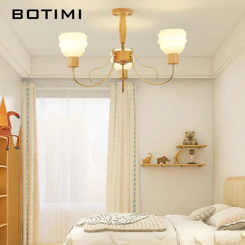 lustre moderne bois abat jour dépoli lumière douce chambre salon six lumières