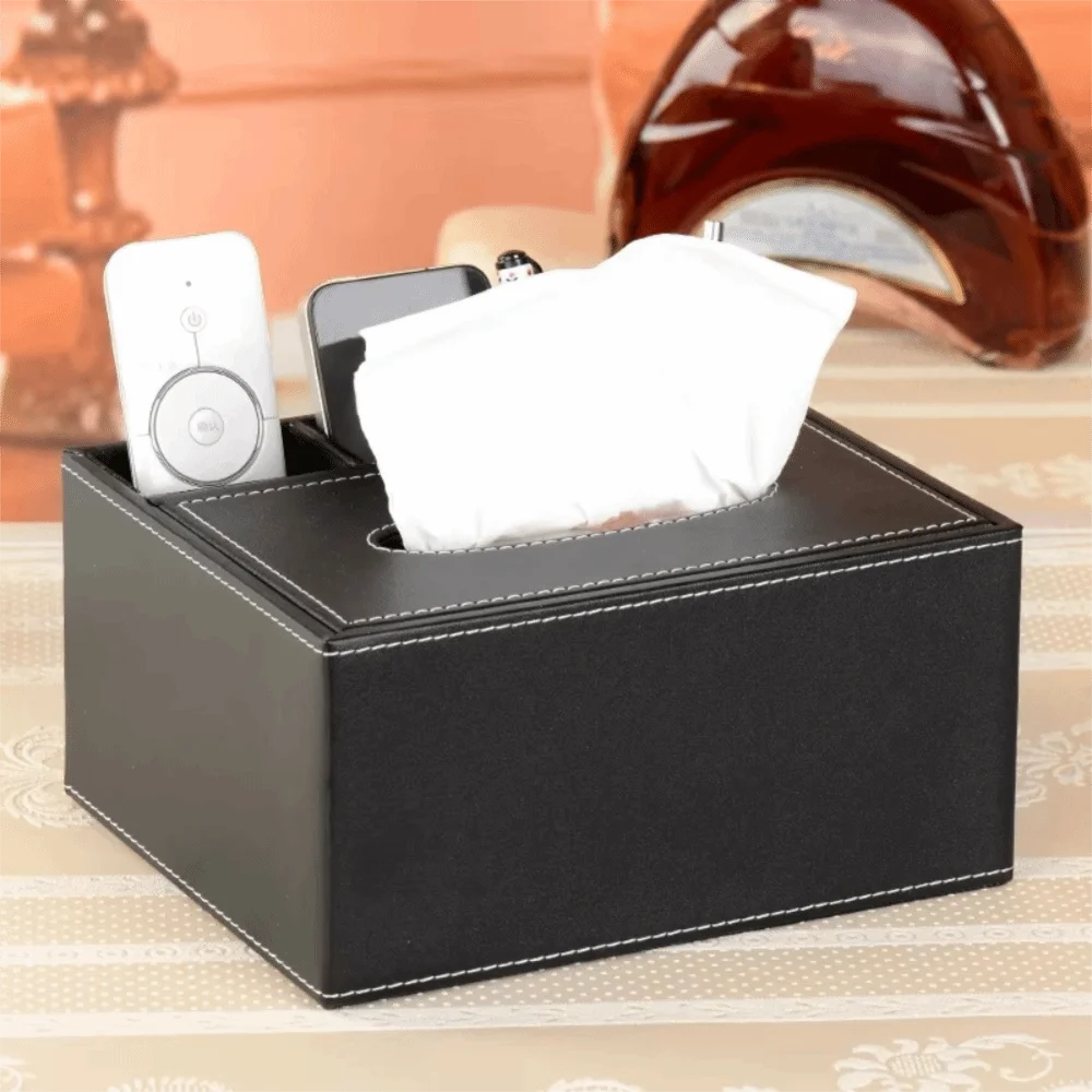 boîte mouchoirs simili cuir noire classique compartiments rangement télécommande objetos divers