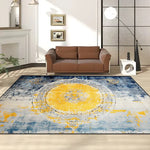 Un tapis de sol décoratif avec un design géométrique de soleil jaune et de cercles bleus.