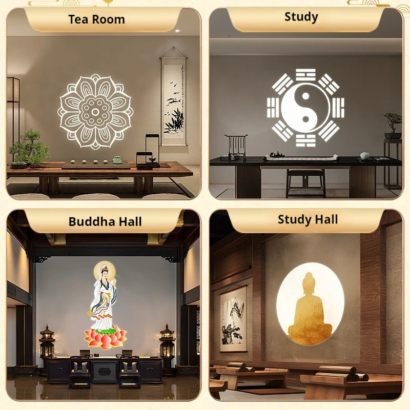 lampe projection zen bouddha fleur lotus motifs traditionnels chinois led ambiance noir blanc gris