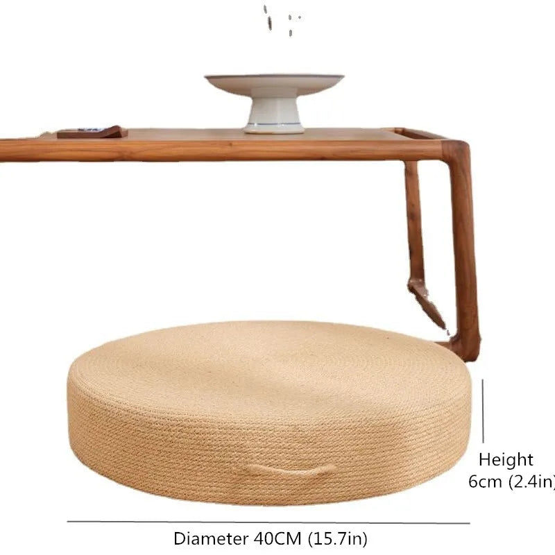 coussin sol rond tissé fibre naturelle mousse pe rustique minimaliste beige clair anse corde