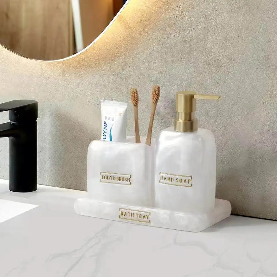 ensemble salle bain blanc or marbre moderne brosse dents savon pompe plateau rangement