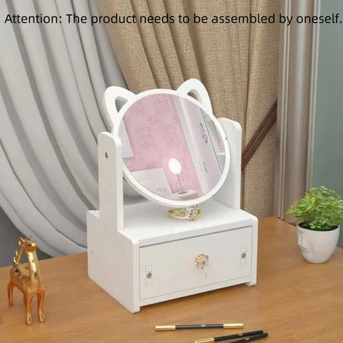 meuble rangement blanc moderne tiroirs miroir rond compartiments cosmétiques