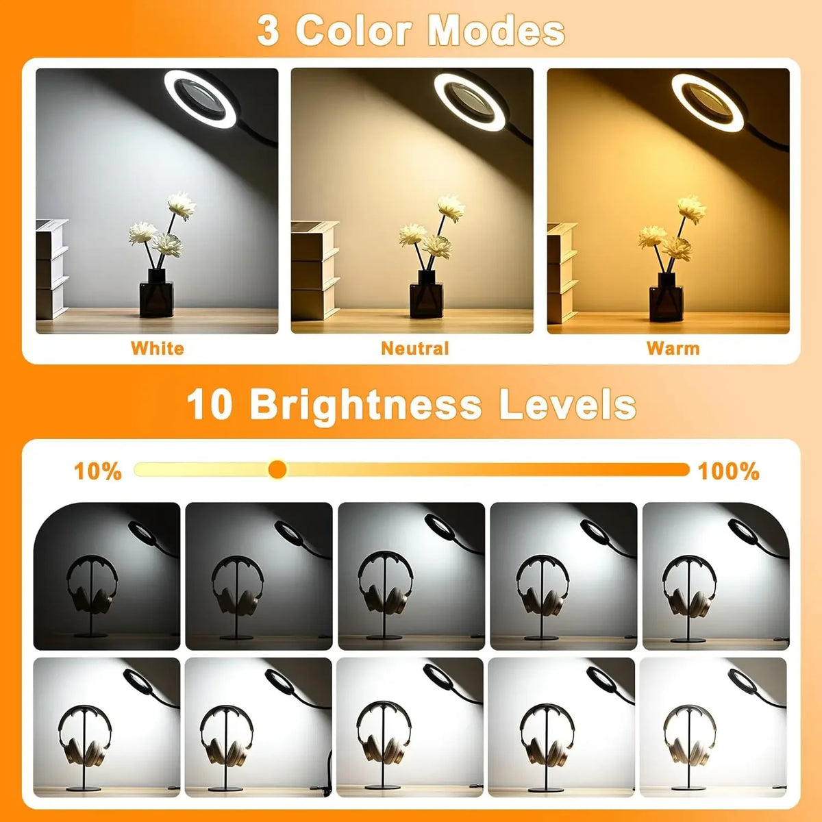 lampe multifonctionnelle loupe 10x clip modes couleurs variateur luminosité led noir moderne