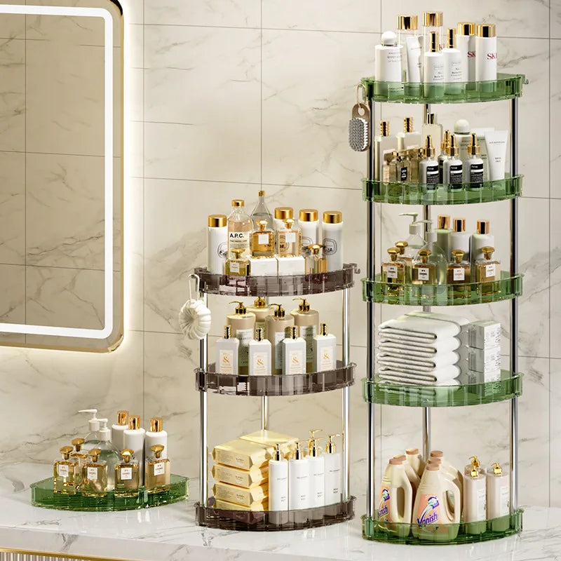 étagère rangement moderne transparente rayures vertes clips bouteilles cosmétiques savon brosse dents minimaliste