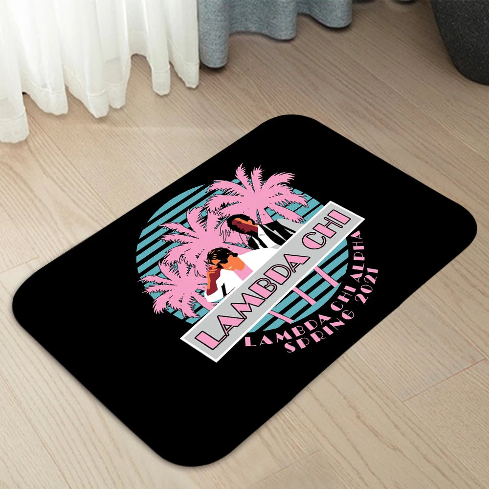 tapis moderne miami vice palmiers soleil noir bleu rose jaune vintage rétro polyester antidérapant