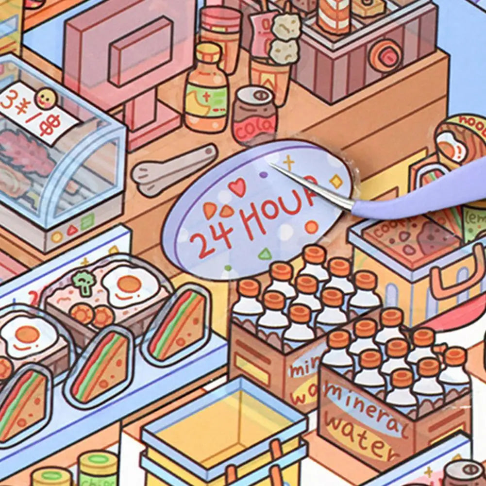 stickers kawaii multicolores isométriques scènes supermarché produits alimentaires boissons enfants créatifs imagination