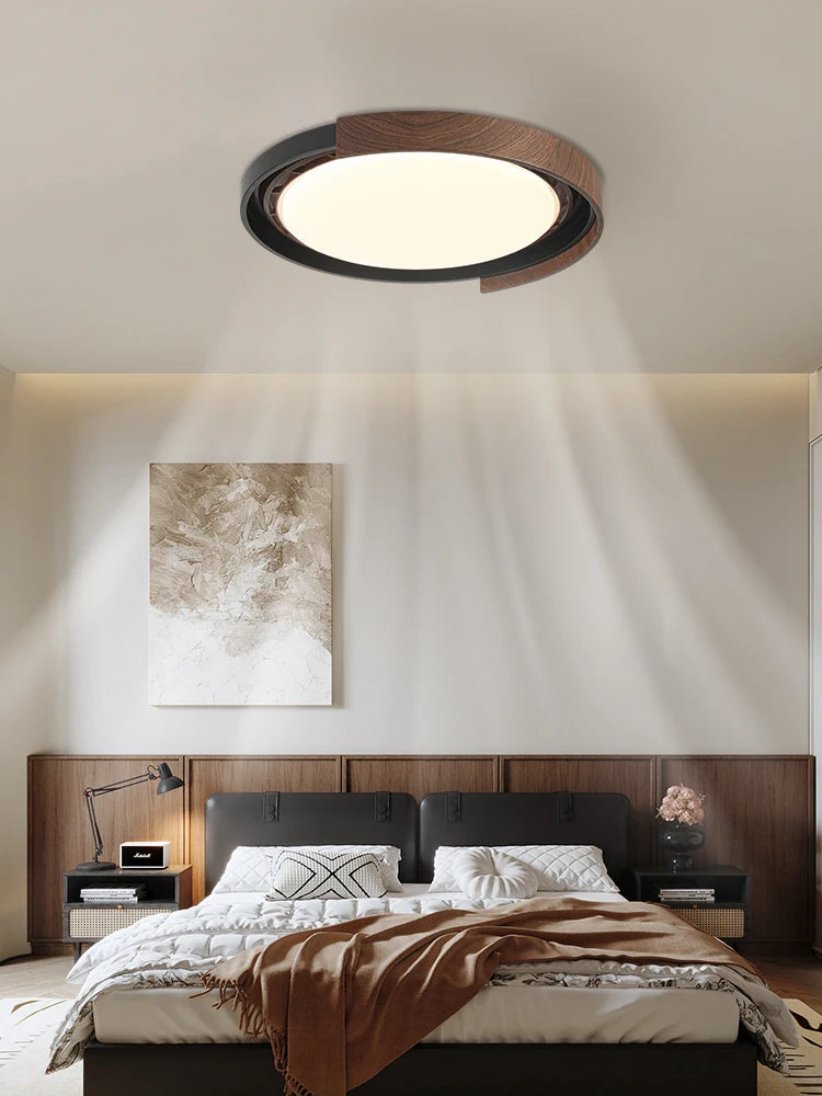 luminaire moderne bois grainé marron foncé éclairage ventilateur led invisible chambre coucher