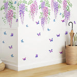 sticker mural décoratif fleurs glycine papillons aquarelle violet rose vert bleu