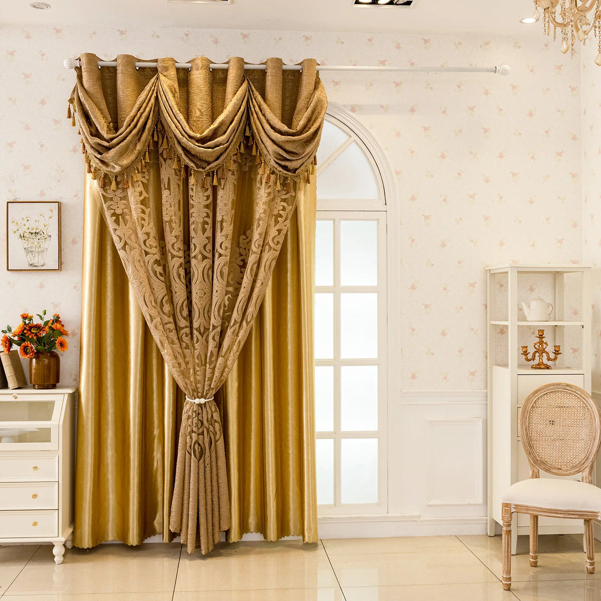 rideaux or floraux polyester semi transparent élégants franges salon chambre
