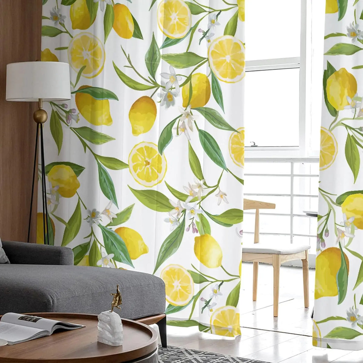 rideau moderne translucide citrons feuilles fleurs salon blanc jaune vert gris français été