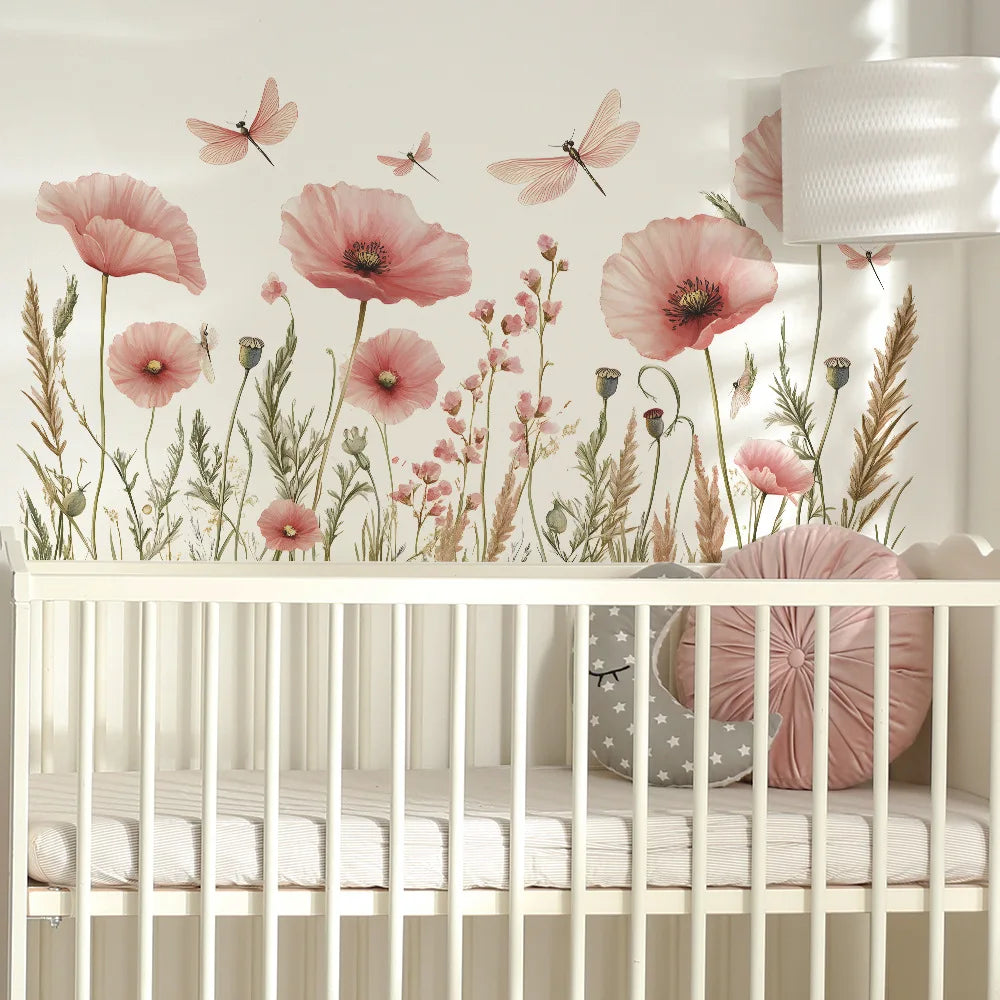 autocollants muraux fleurs roses dragonflies feuilles décoration murale intérieure pvc autoadhésifs naturel pastoral 54cm