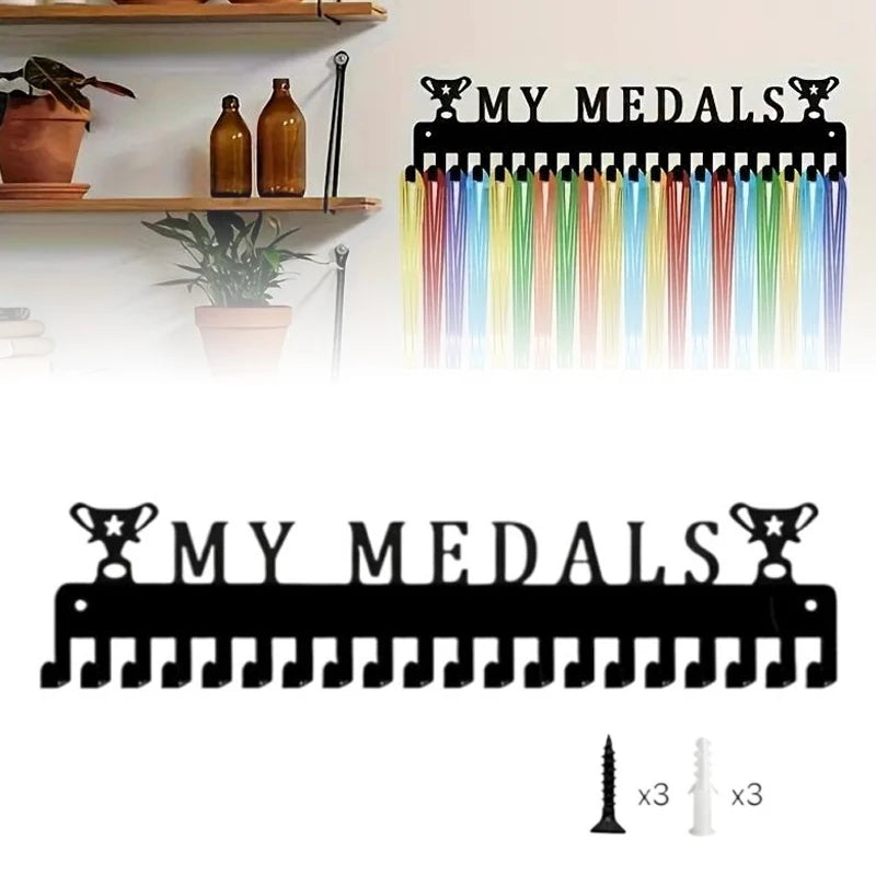 support mural médailles lettres my medals symboles trophées vis noir blanc moderne