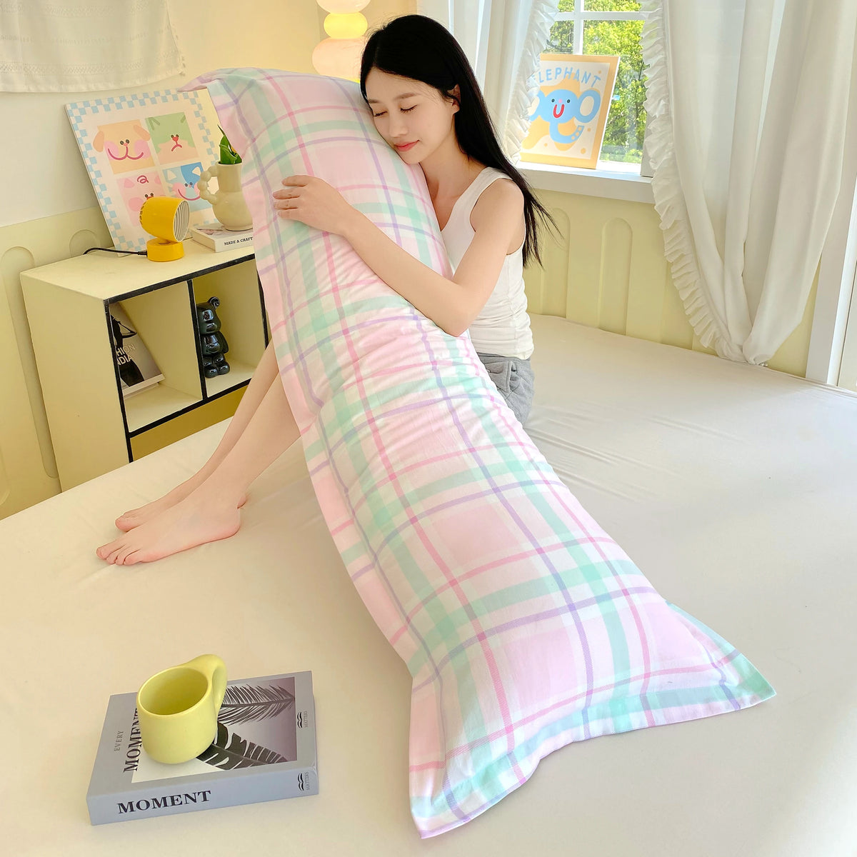 taie d'oreiller double polyester multicolore carreaux moderne hiver été 48x180cm fixations hospitalierôtel maison