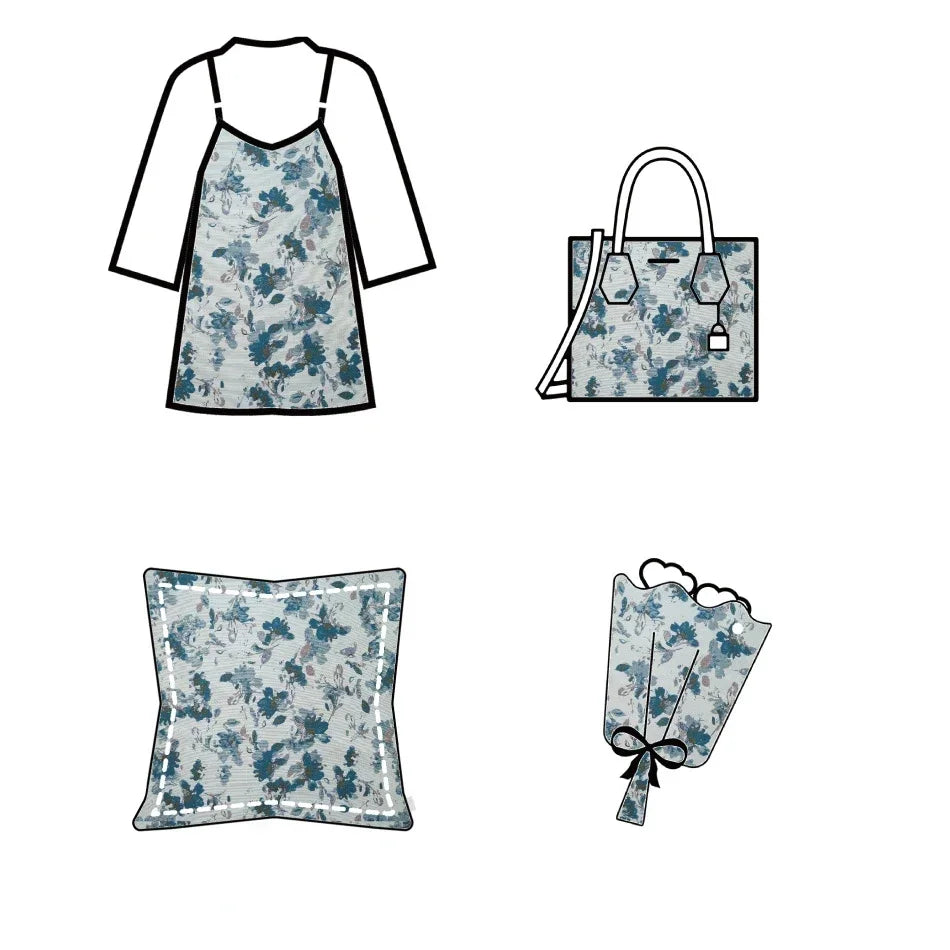 tissu polyester jacquard motifs floraux stylisés blanc bleu gris élégant coudre decorator floral