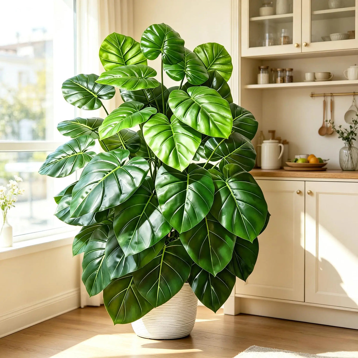 plante artificielle verte moderne feuilles brillantes décoration intérieure extérieure pot blanc 84cm